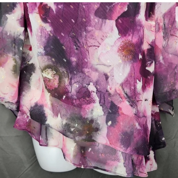 NWT Alex Evenings Tiered Ruffle Short Sleeve Top Purple Floral Shimmer Women's M - Picture 5 of 10